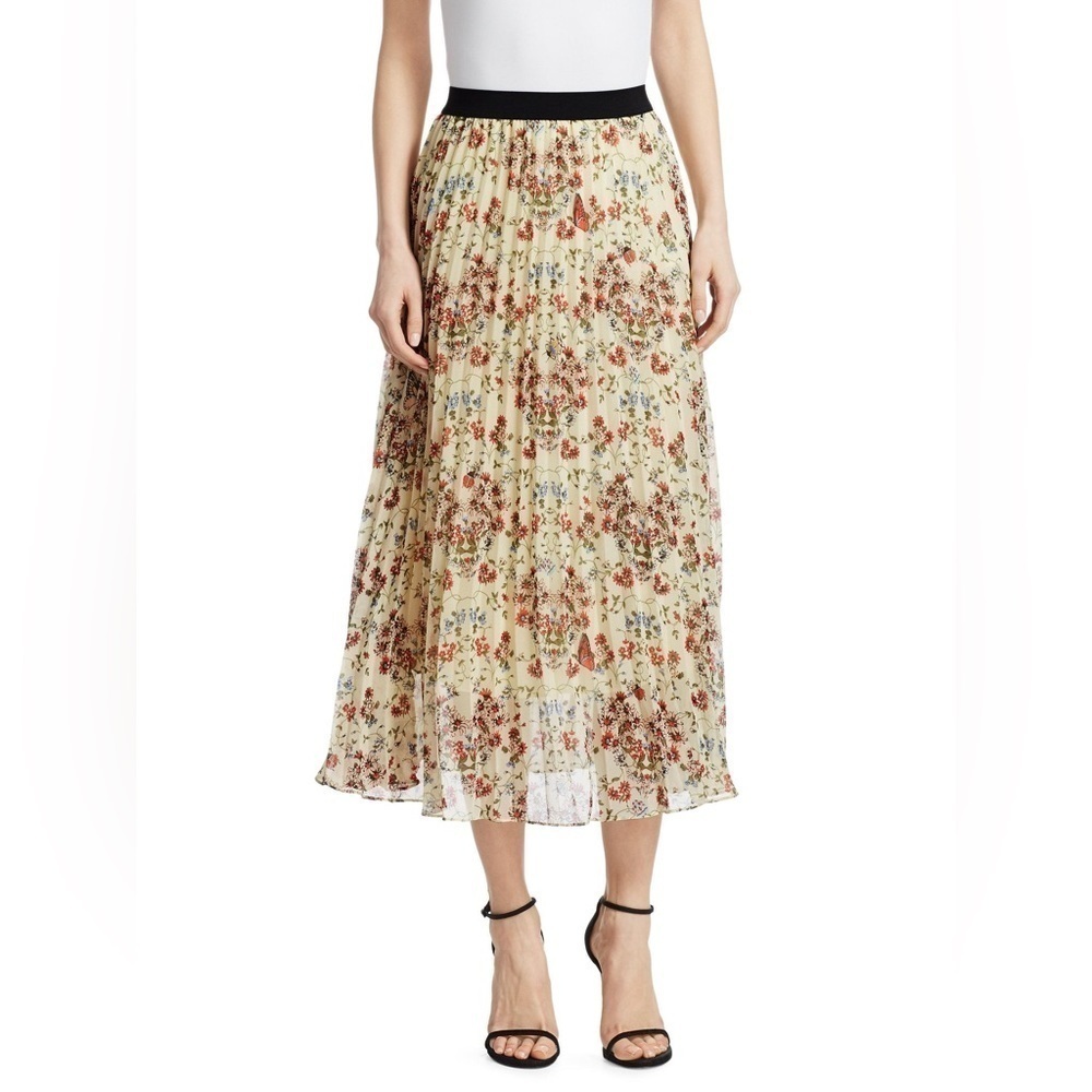 MAJE Jimel Floral Pleated Midi Skirt ribbon waist size 1/XS